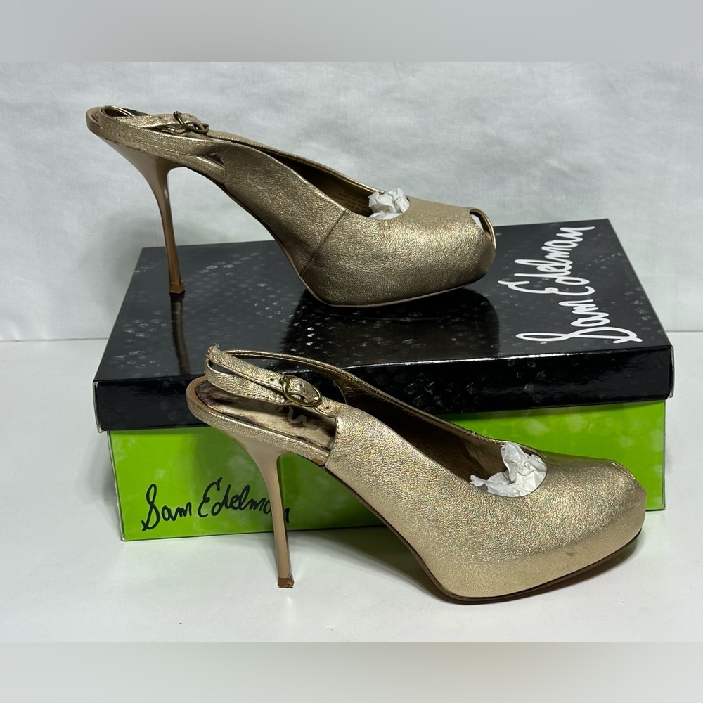 Sam Edelman Metallic Gold Slingback Evelyn A4794L6700 Platform Pumps heels 8.5 - Picture 2 of 16